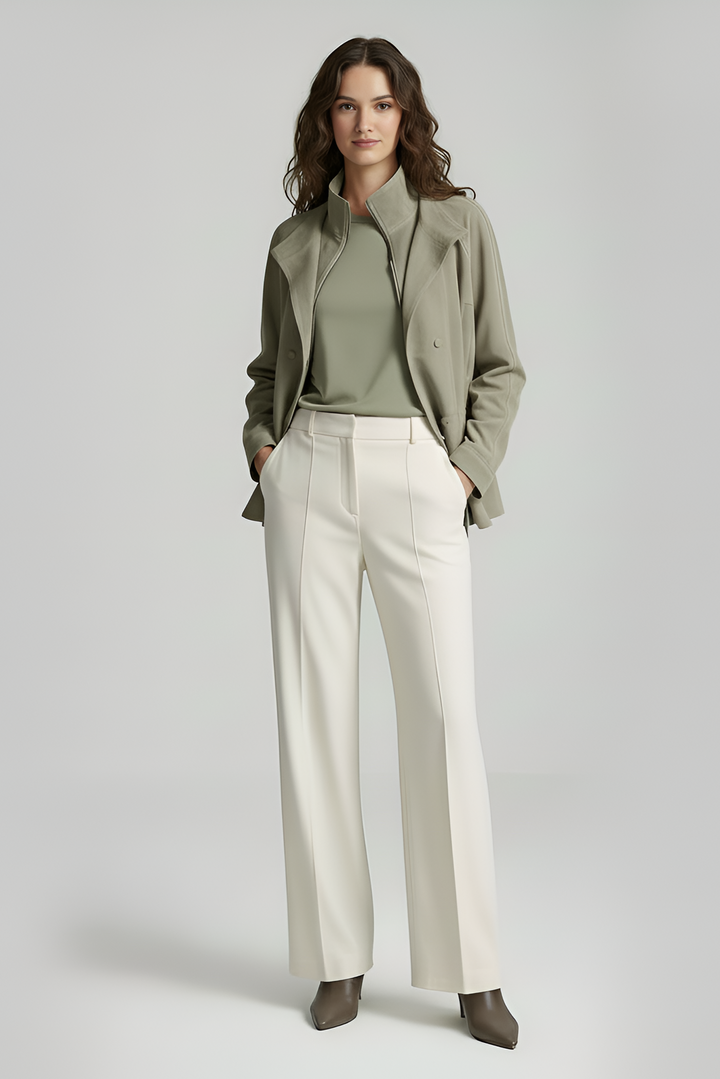 TESSA - Sage green leather bomber jacket, front view