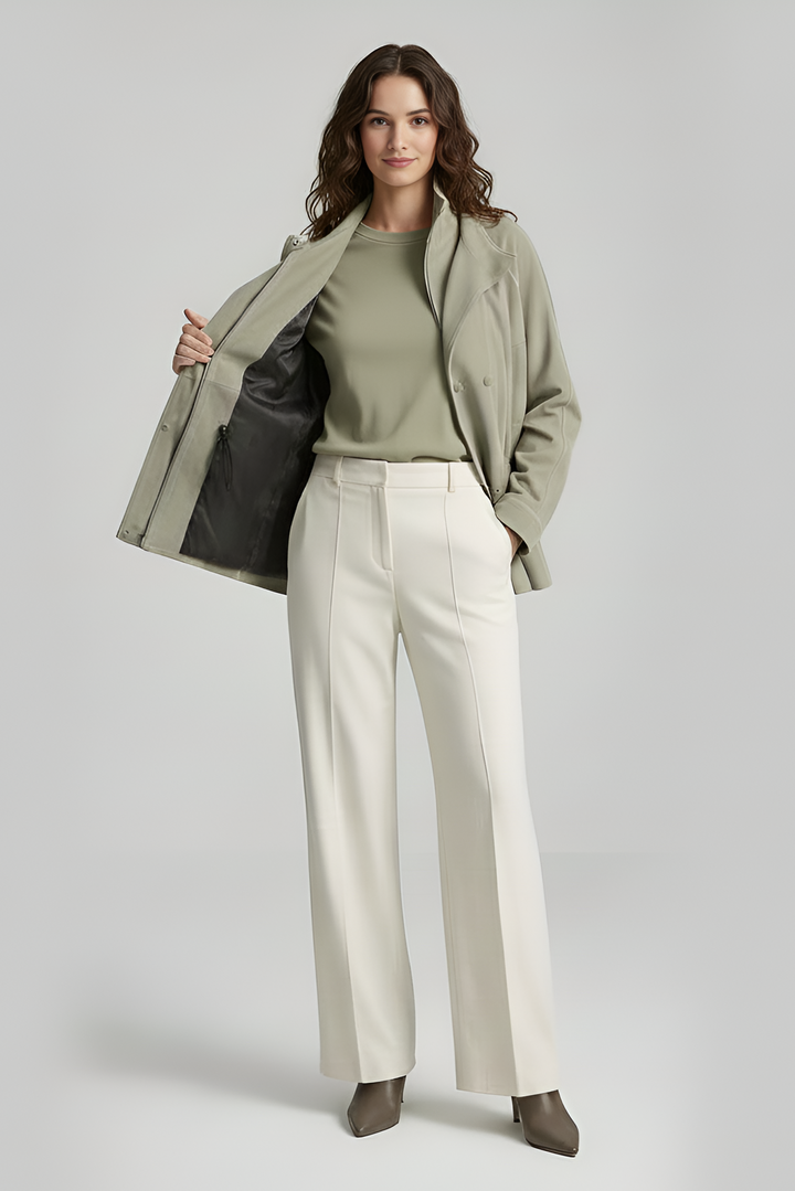 TESSA - Sage green leather bomber jacket, open front detail