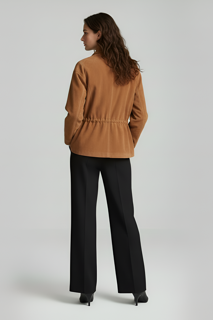 TESSA - Tan suede bomber jacket with drawstring, back view