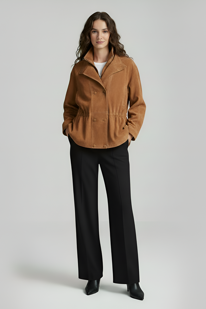 TESSA - Tan suede bomber jacket with drawstring, front view