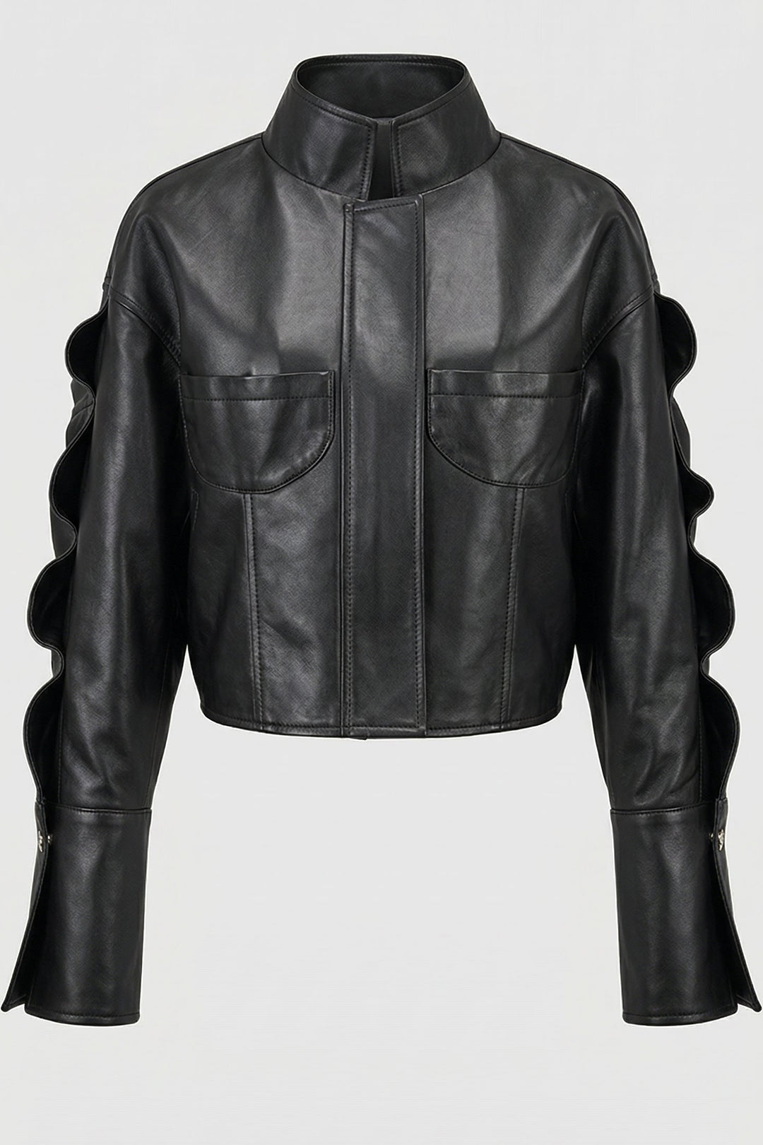 TINSLEY - Black leather jacket with wavy sleeves and chest pockets