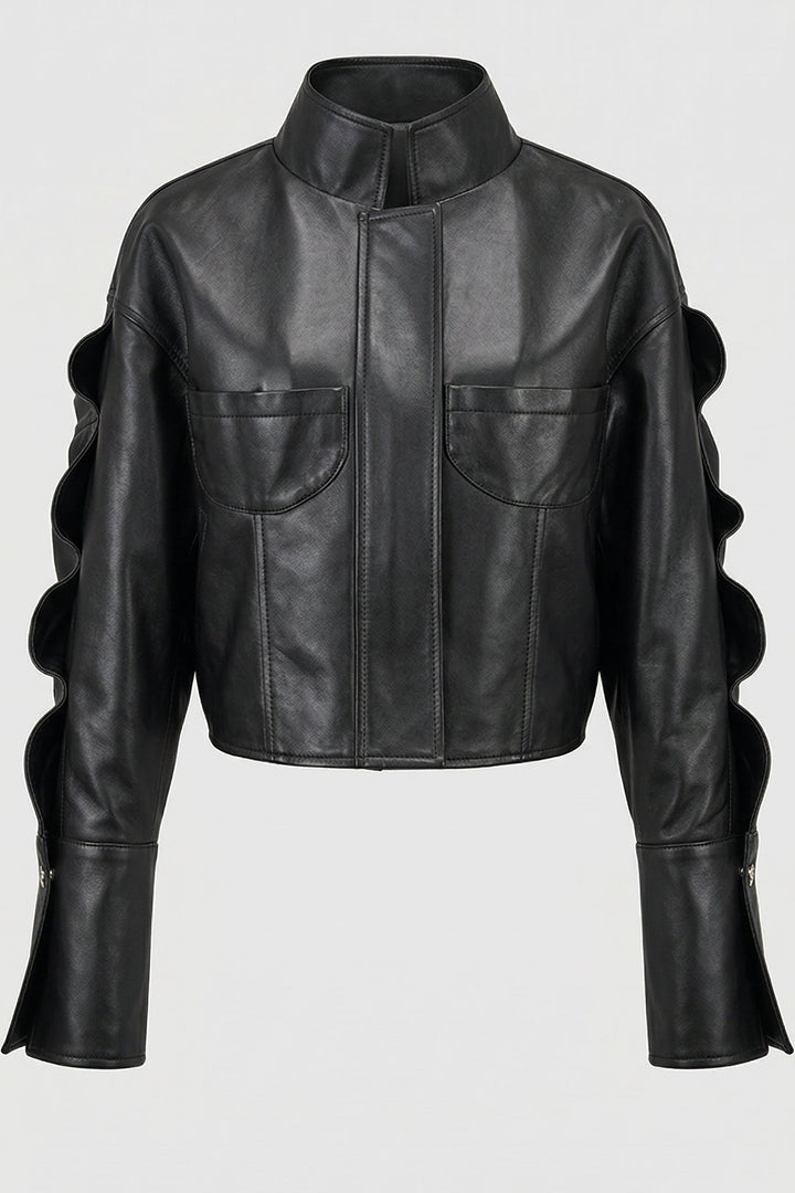 TINSLEY - Black leather jacket with wavy sleeves and chest pockets