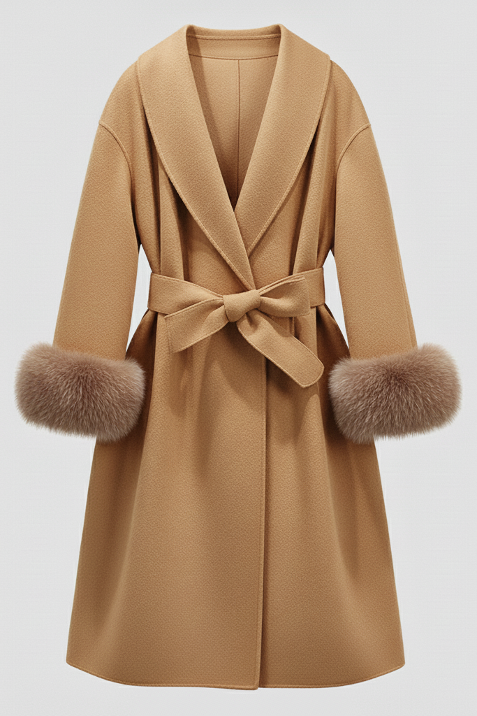 Tan coat with fur cuffs on a light gray background