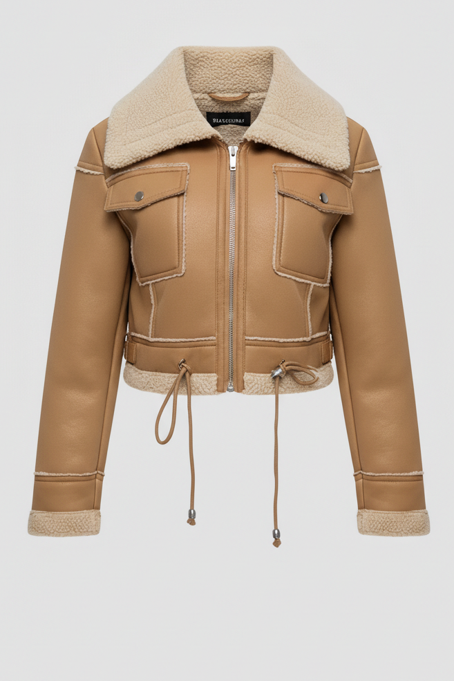 Tan leather jacket with beige fur collar on a light gray background