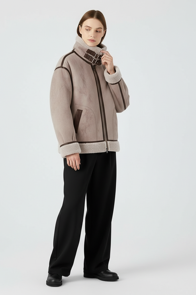 Taupe bomber jacket with buckle-fastened collar, front zipper, dark trim along seams, and shearling lining at cuffs.