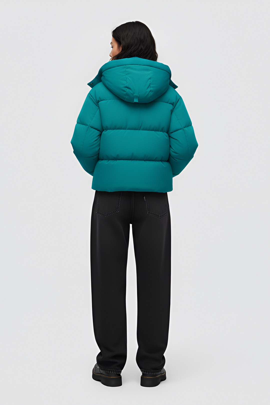 Teal puffer jacket with a hood on a white background