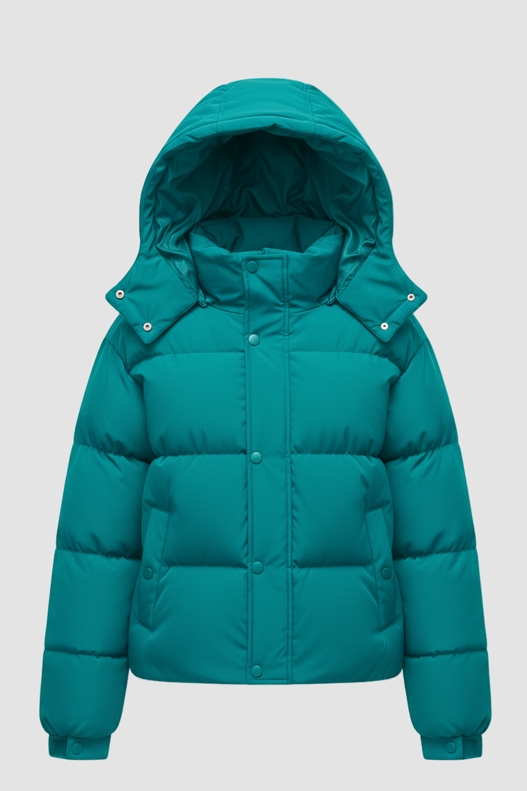 Teal puffer jacket with a hood on a white background