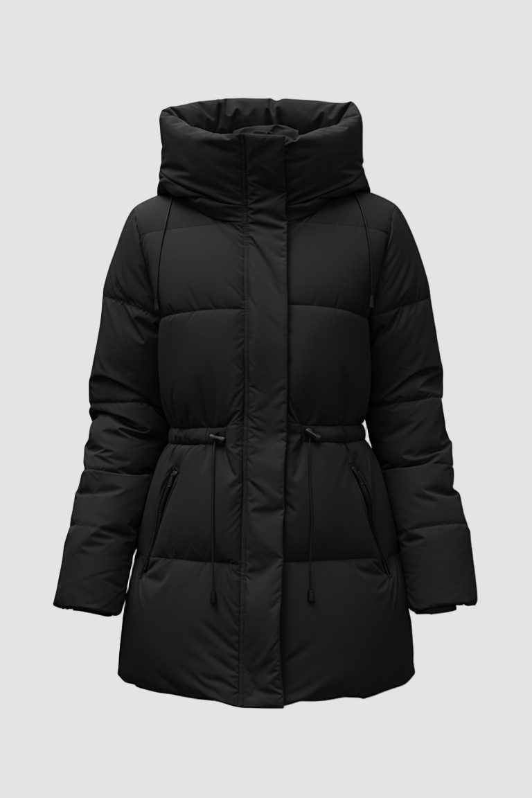 Black puffer jacket on a white background