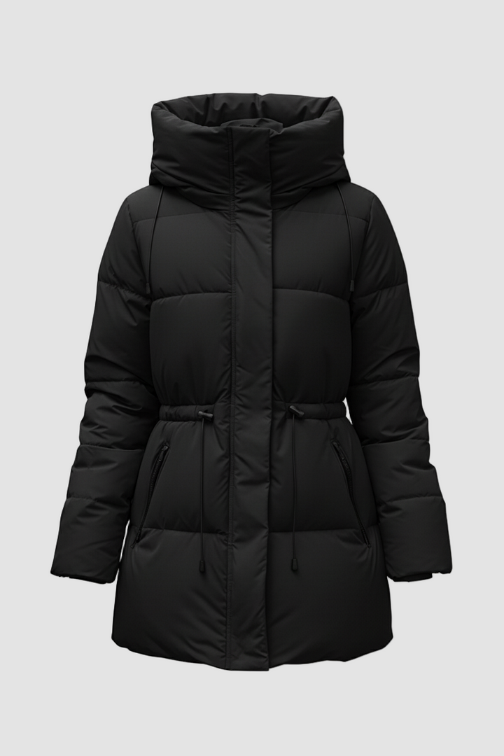 Black puffer jacket on a white background