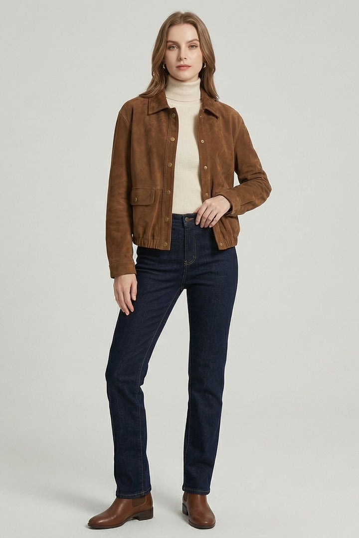 KENDALL - Brown suede jacket on model, front view