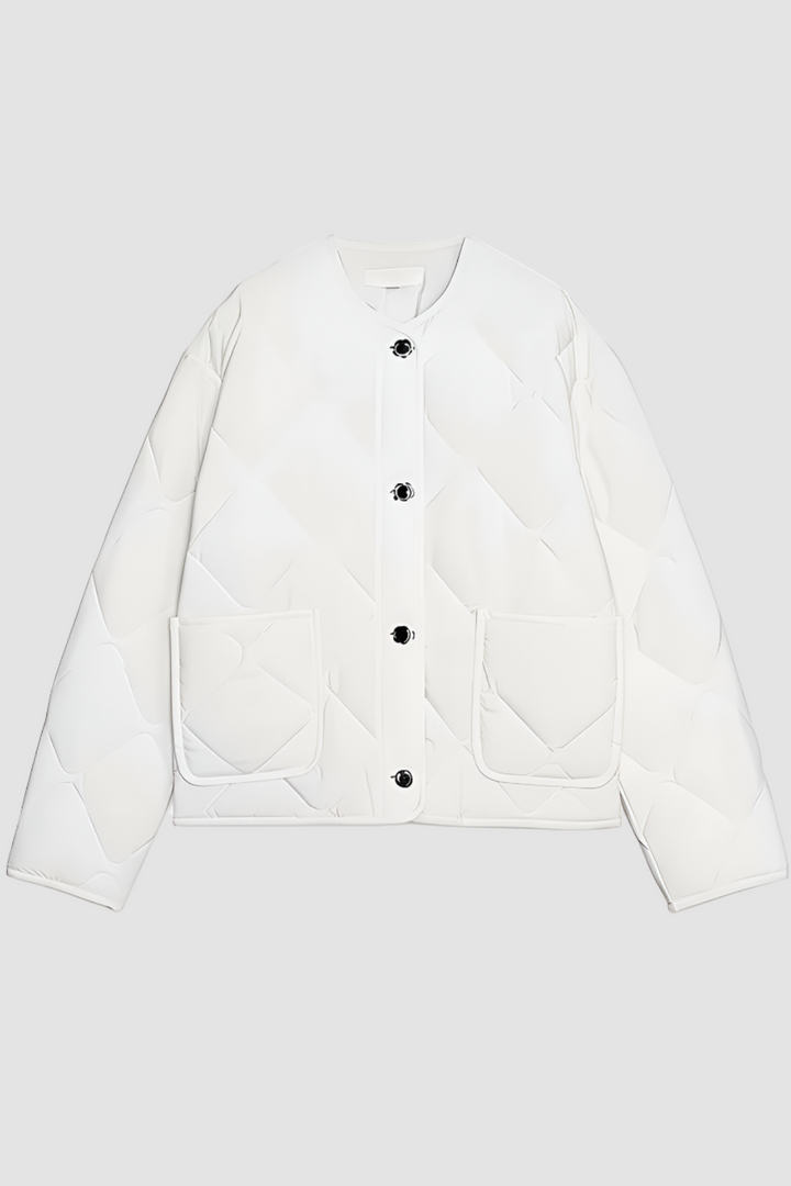 VALEN diamond quilted short puffer jacket in white front view