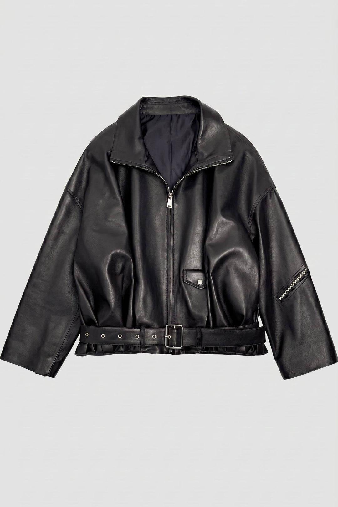 VALERIE - Oversized pleat leather jacket, black, front view