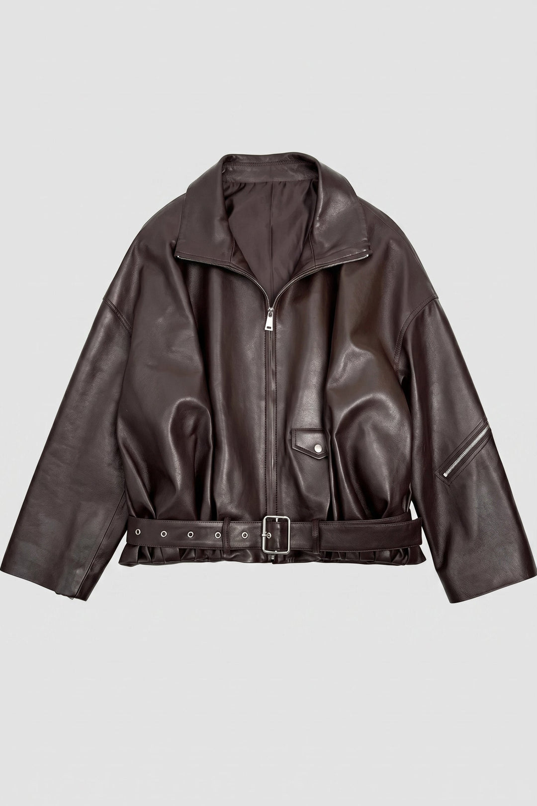 VALERIE - Oversized pleat leather jacket, brown, front view