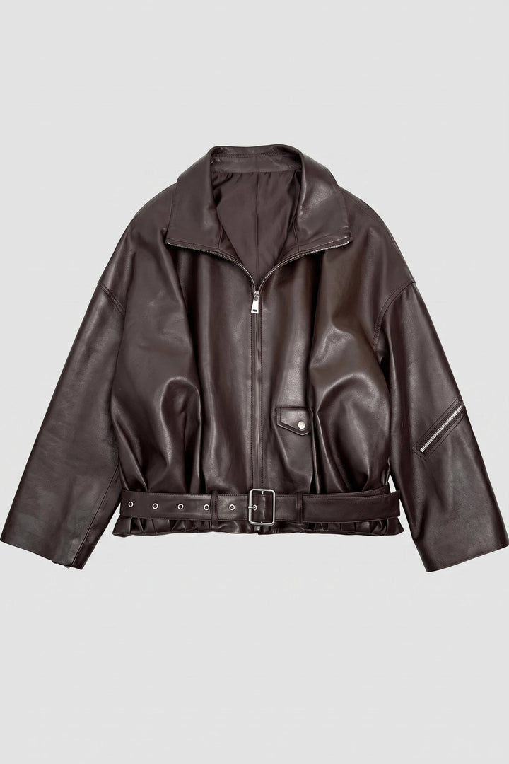 VALERIE - Oversized pleat leather jacket, brown, front view