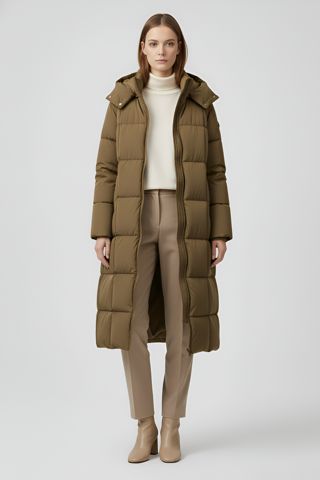 VALERIN Woman wearing a long brown puffer coat on a light gray background