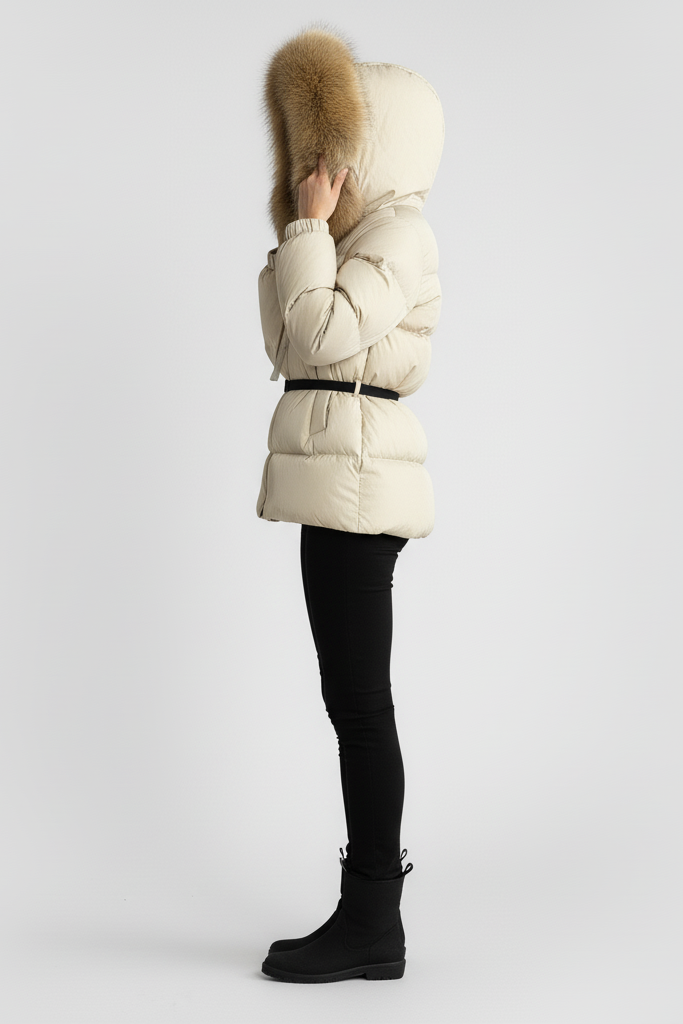 Person wearing a white puffer jacket with a fur-lined hood on a light gray background