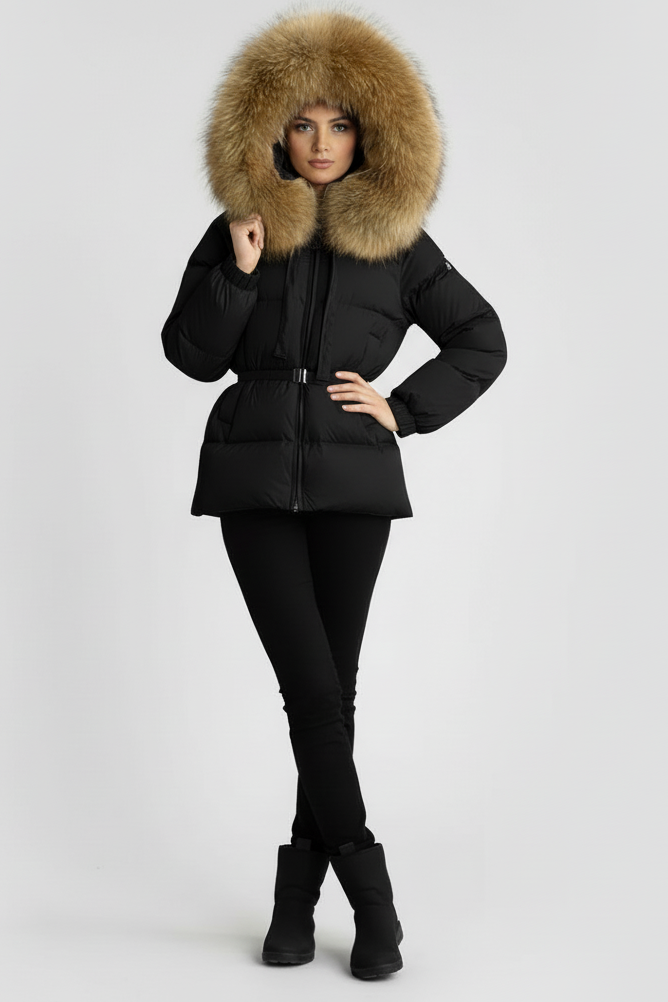 VALREYA – Raccoon Fur Hooded Puffer jacket black and brown