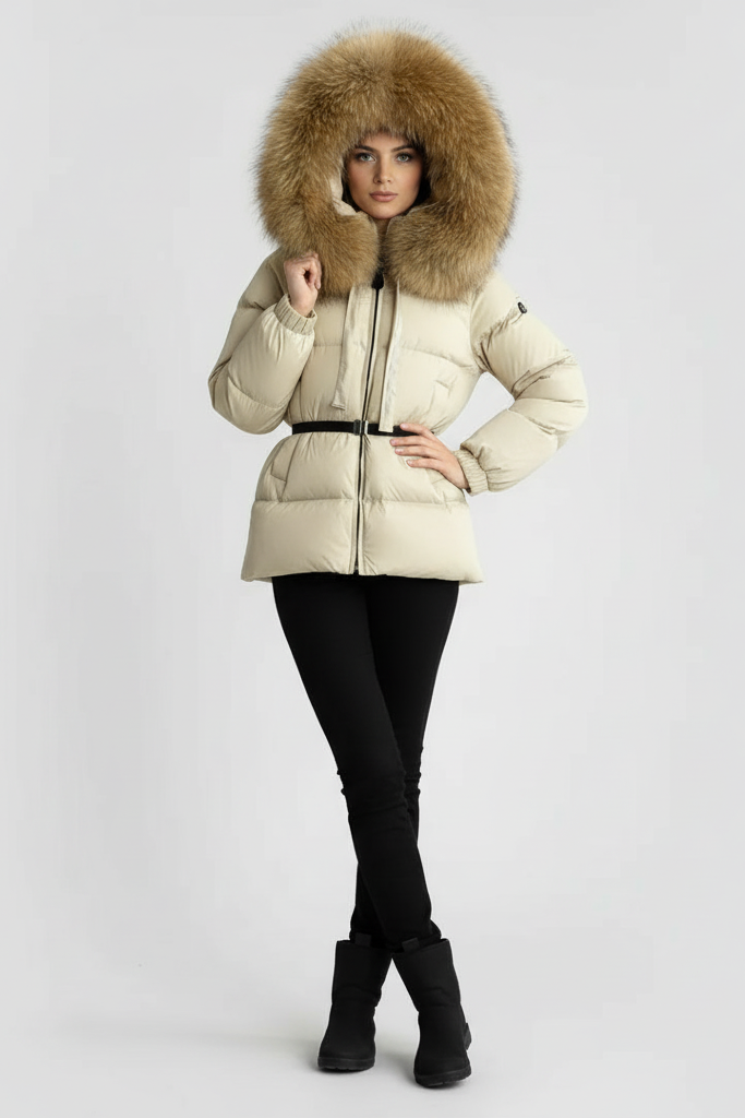 VALREYA – Raccoon Fur Hooded Puffer jacket beige and brown