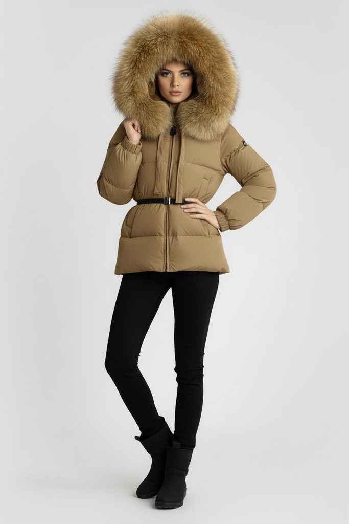VALREYA – Raccoon Fur Hooded Puffer jacket khaki and brown