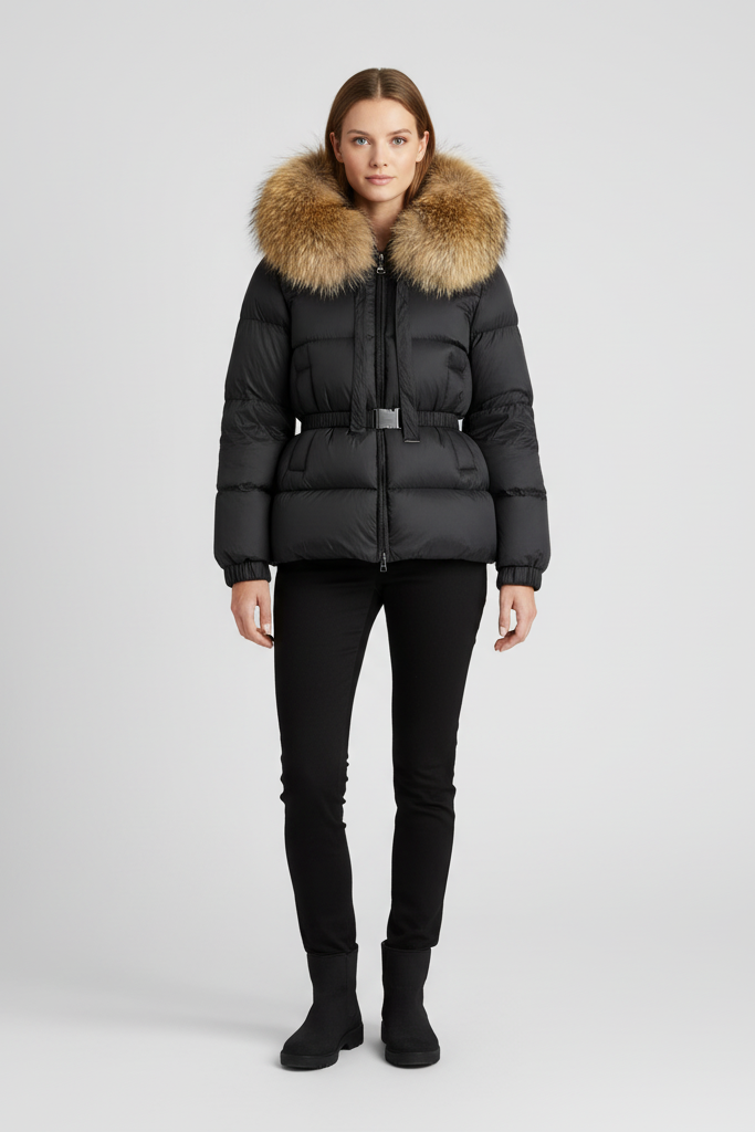 Woman wearing a black puffer jacket with a fur-lined hood on a light gray background