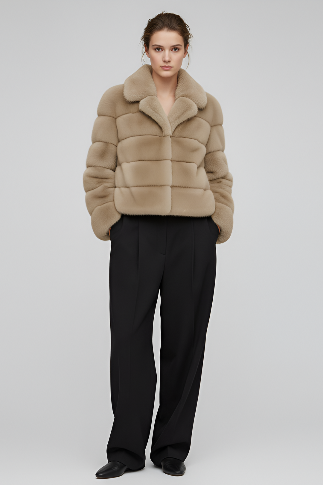 Side angle of the VELARIE faux fur coat highlighting its elegant silhouette.