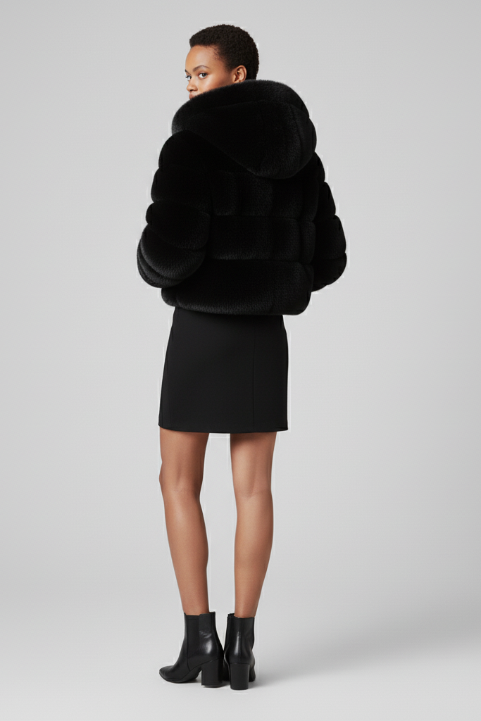 VELMIRA faux fur jacket styled for a casual urban winter outfit.