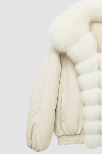 VELORIA jacket – detachable fox-fur collar close-up