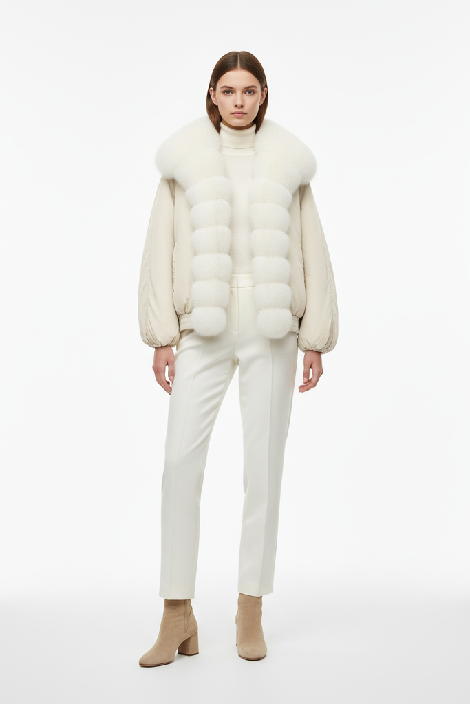 VELORIA jacket – detachable fox-fur collar close-up