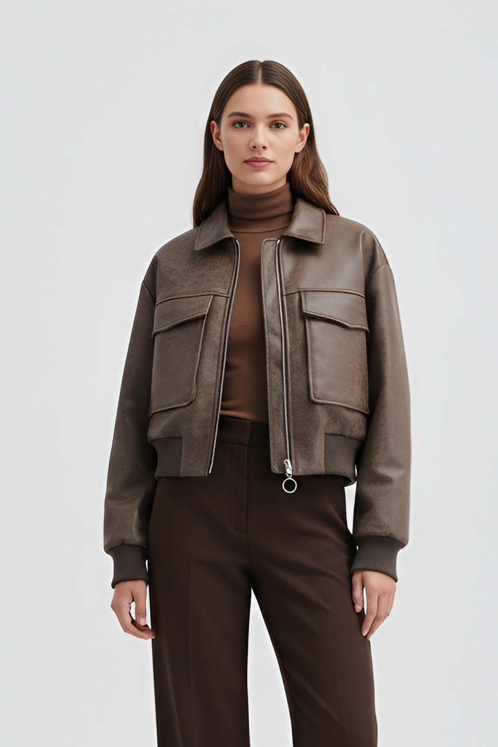 Vintage coffee faux leather bomber jacket front view with flap pockets