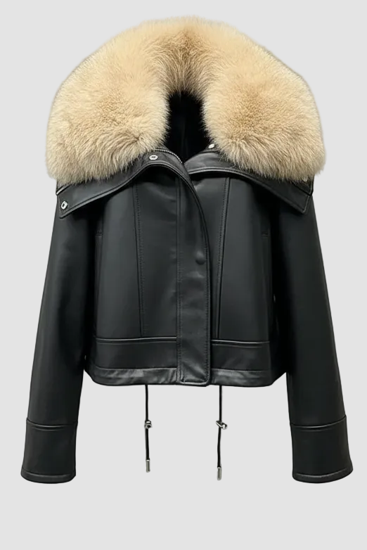 WAVERLY - Black sheepskin leather jacket with a plush beige fur collar, front view