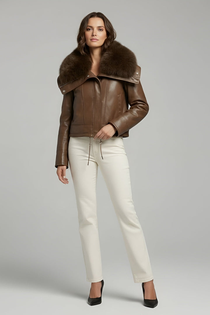 WAVERLY - Brown leather jacket with fur collar, full body shot