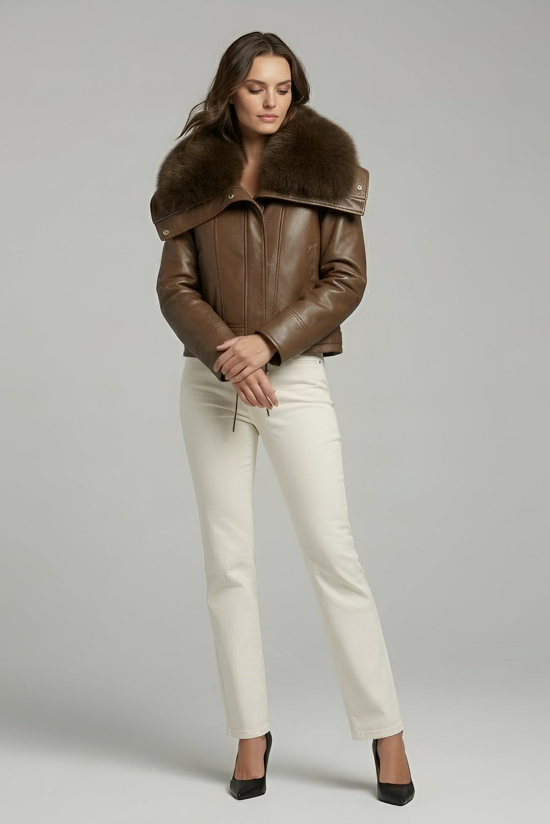 WAVERLY - Brown leather jacket with fur collar, full body shot, front view