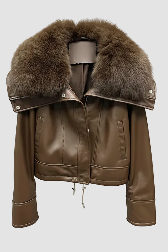 WAVERLY - Brown leather jacket with thick fur collar, front view