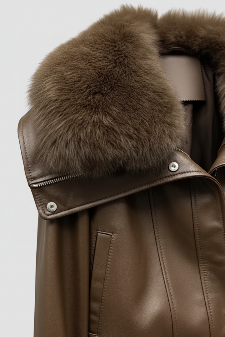 WAVERLY - Close-up of brown leather jacket fur collar
