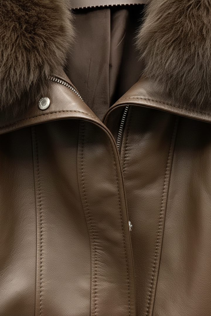 WAVERLY - Close-up of brown leather jacket zipper and fur collar