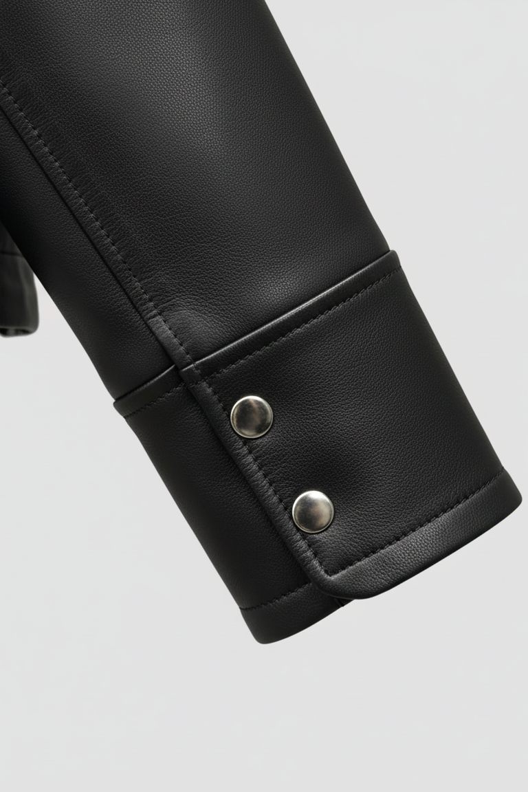WAVERLY - Close-up of the cuff on a black sheepskin leather jacket with silver snap buttons