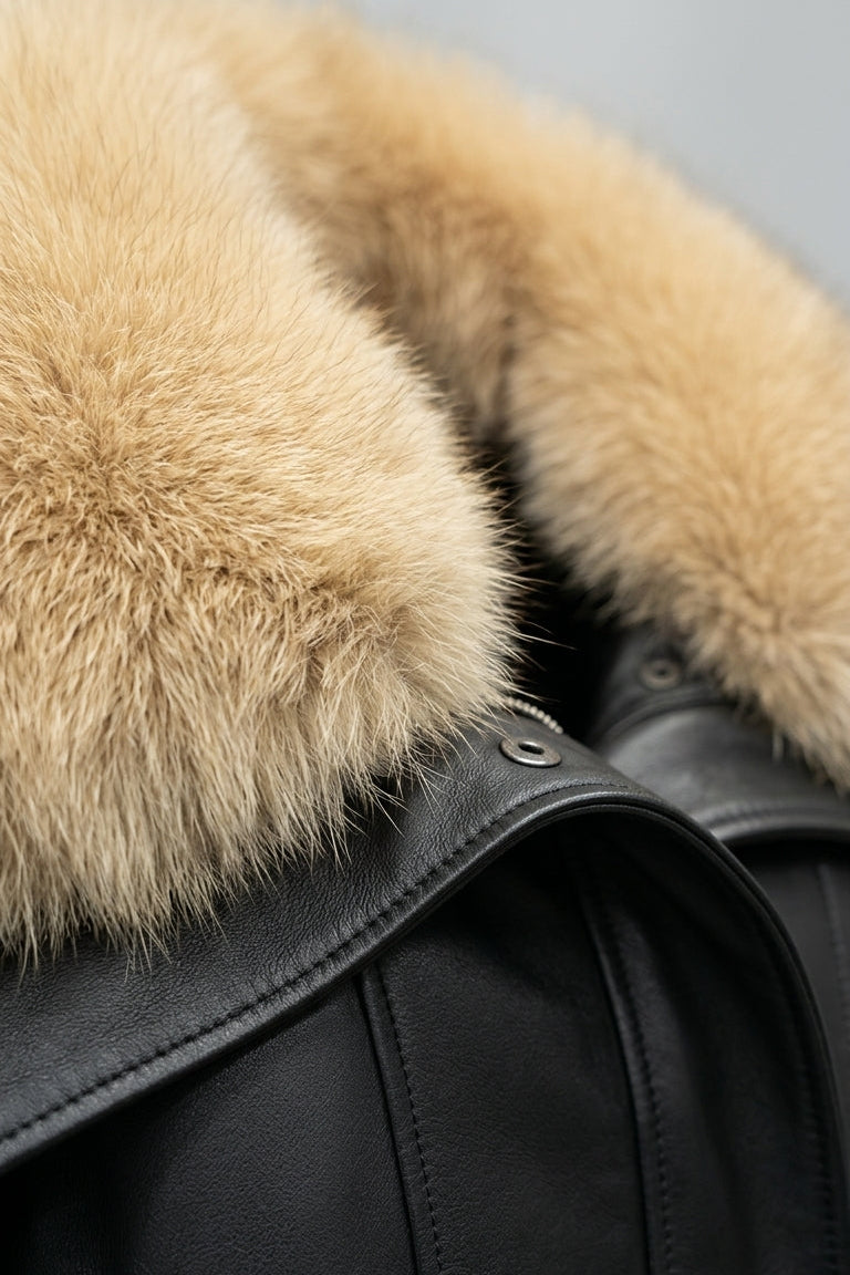 WAVERLY - Detail of the fur collar on a black sheepskin leather jacket