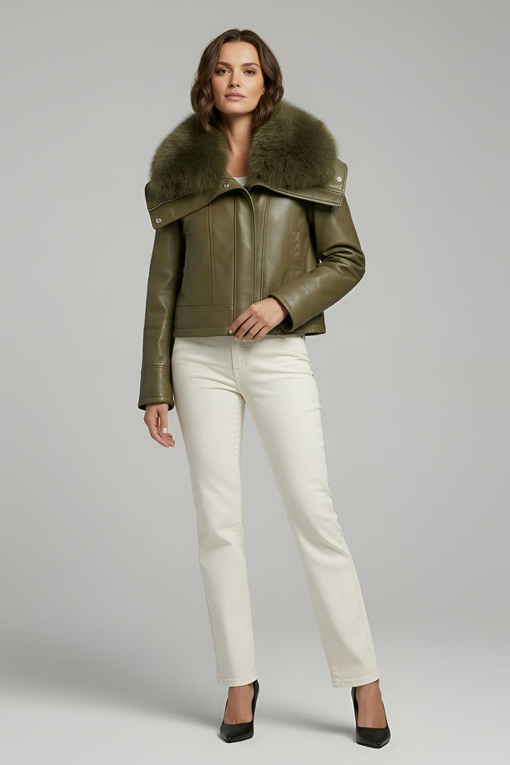 WAVERLY - Green leather jacket with fur collar, full body shot