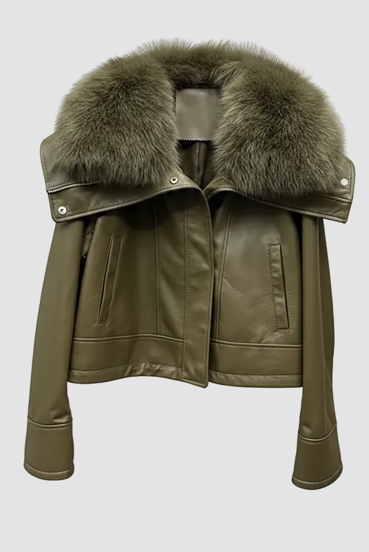 WAVERLY - Green leather jacket with thick fur collar, front view