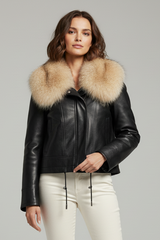 WAVERLY - Sheepskin Leather Jacket with Beige Fox Fur Collar