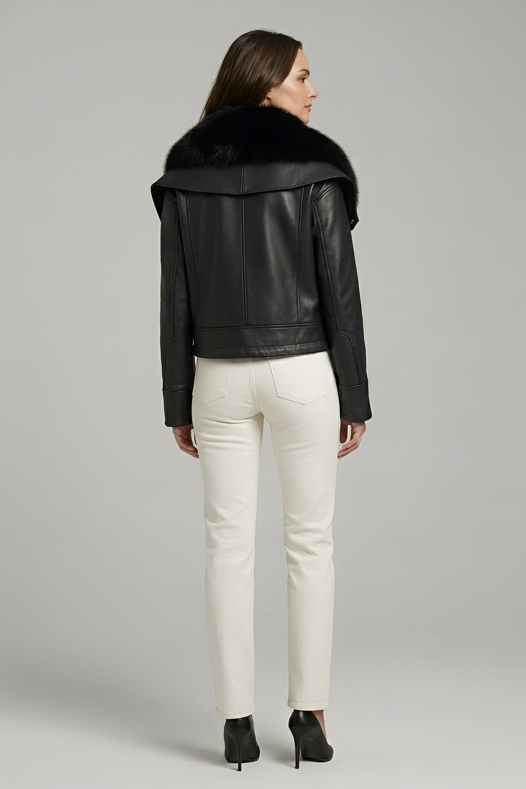 WAVERLY - Sheepskin Leather Jacket, Black Fur Collar, Back View