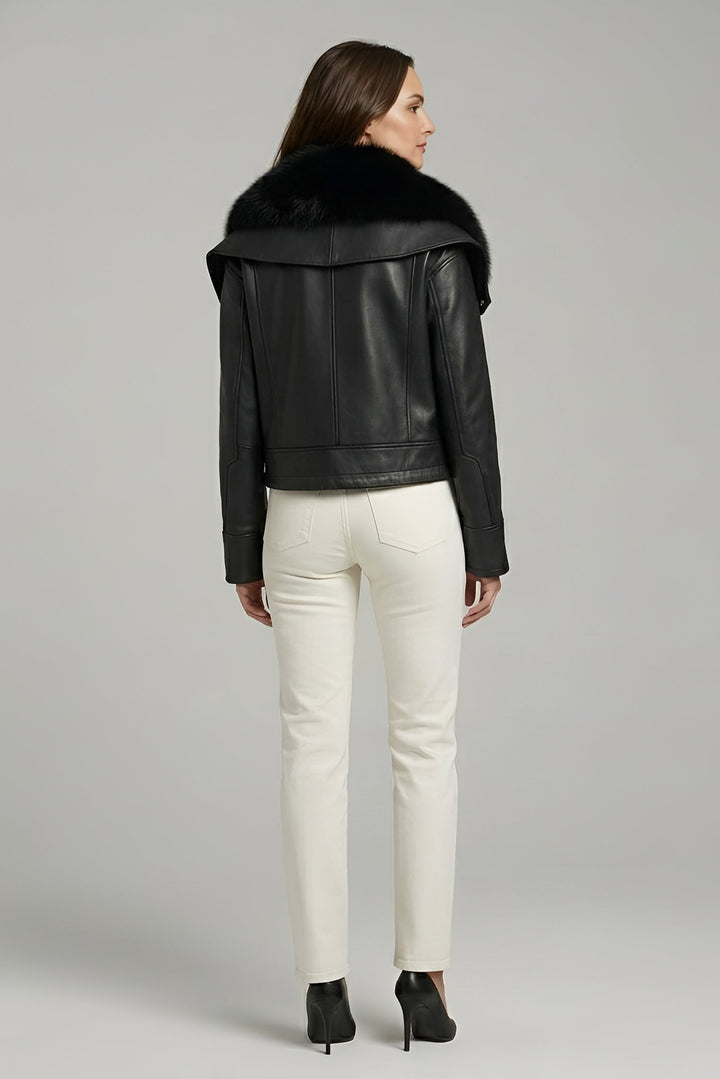 WAVERLY - Sheepskin Leather Jacket, Black Fur Collar, Back View