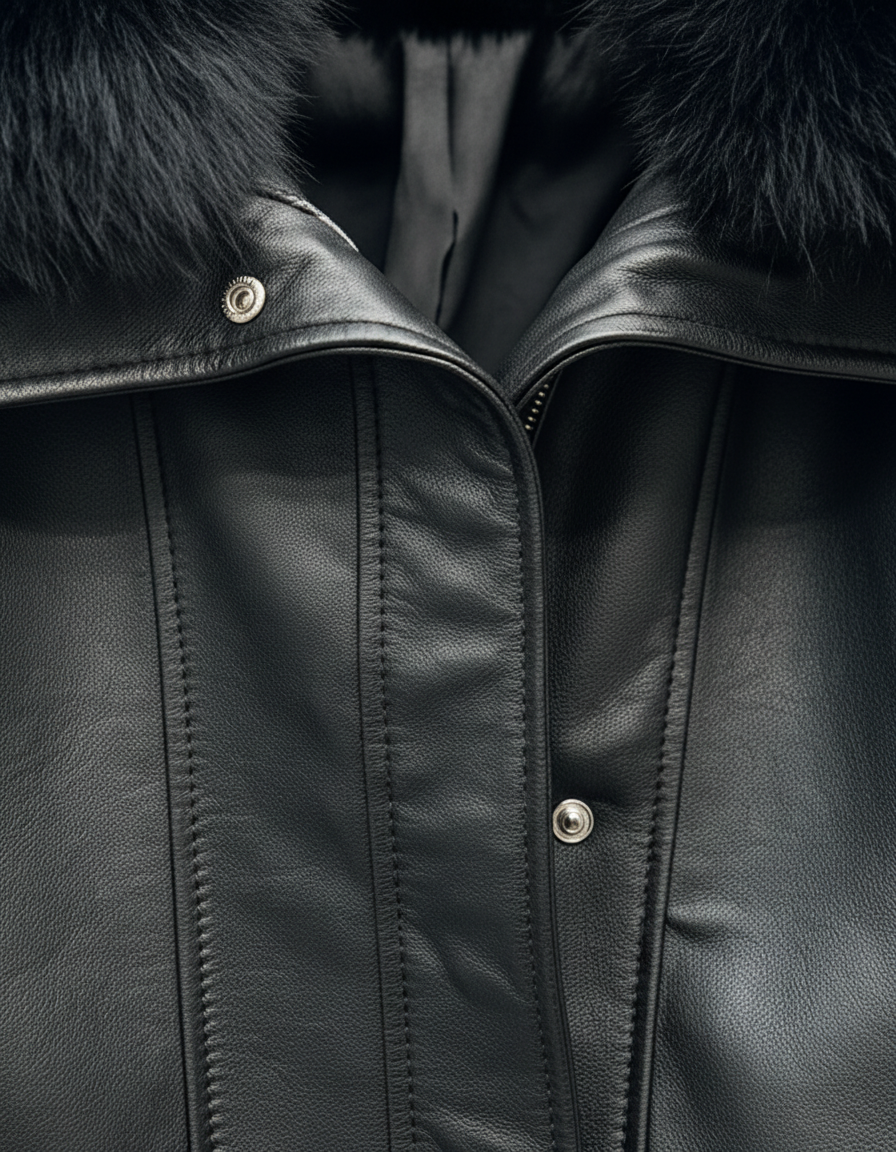 WAVERLY - Sheepskin Leather Jacket, Black Fur Collar, Button and Zipper Detail