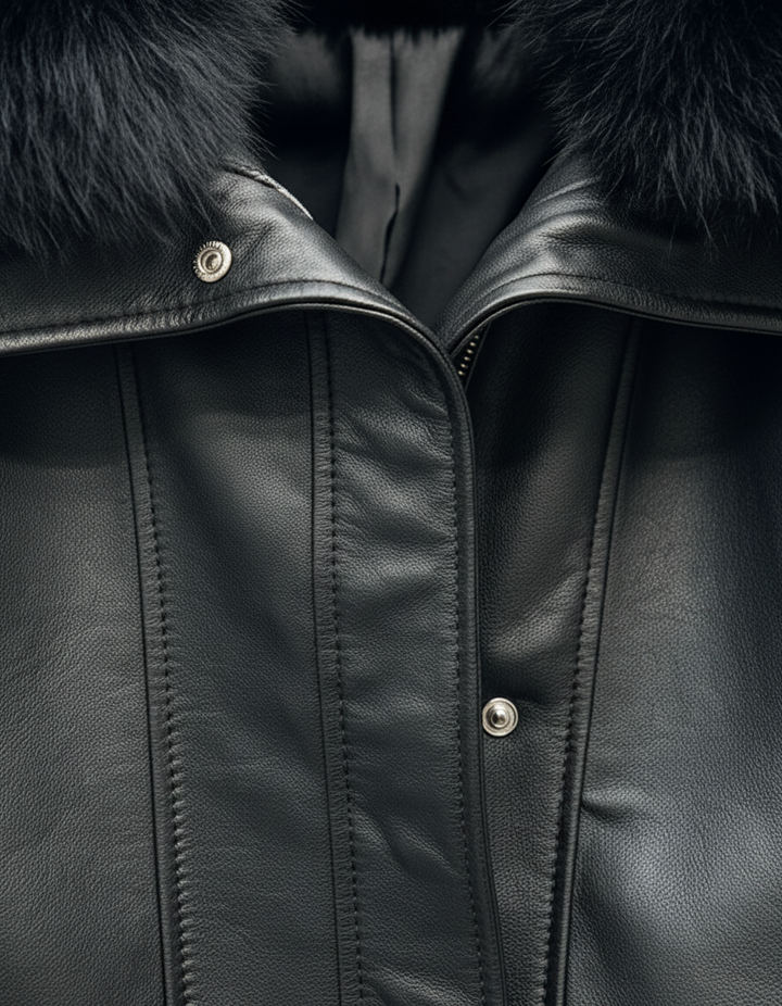 WAVERLY - Sheepskin Leather Jacket, Black Fur Collar, Button and Zipper Detail