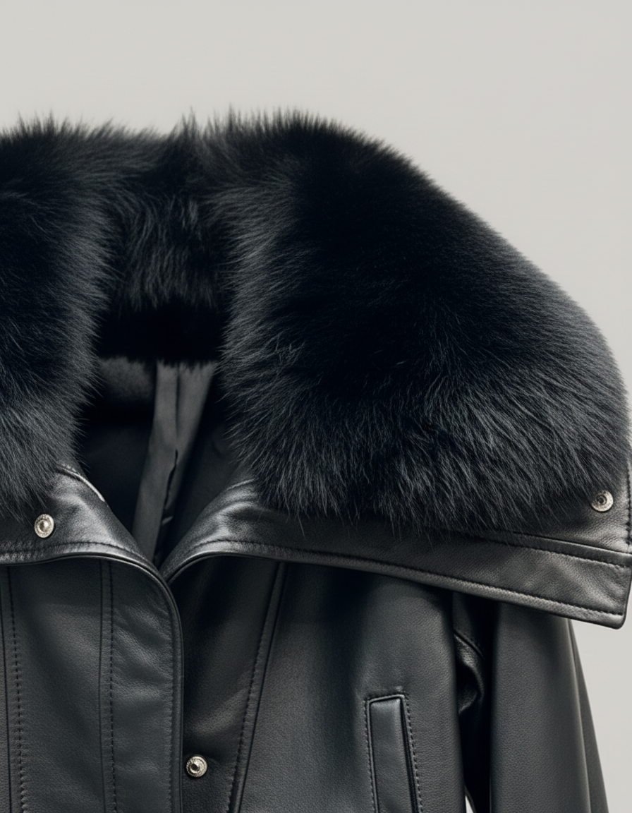 WAVERLY - Sheepskin Leather Jacket, Black Fur Collar, Close-up Fur