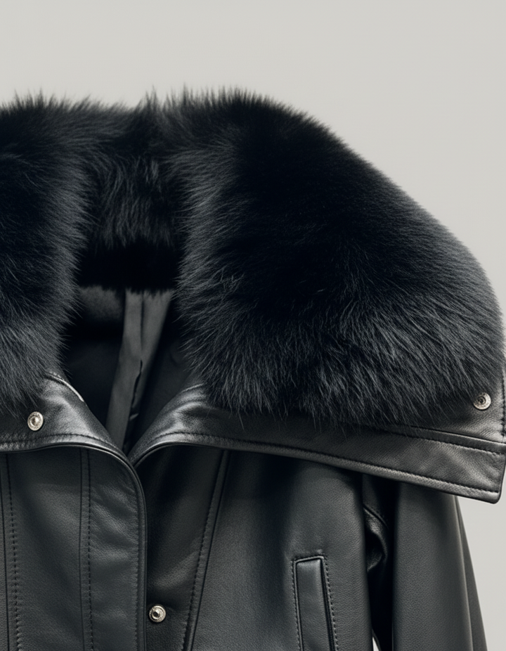 WAVERLY - Sheepskin Leather Jacket, Black Fur Collar, Close-up Fur