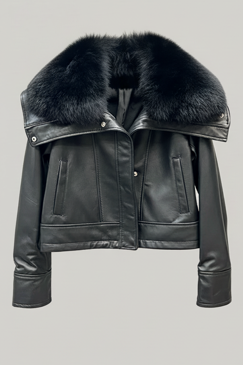WAVERLY - Sheepskin Leather Jacket, Black Fur Collar, Detail Shot