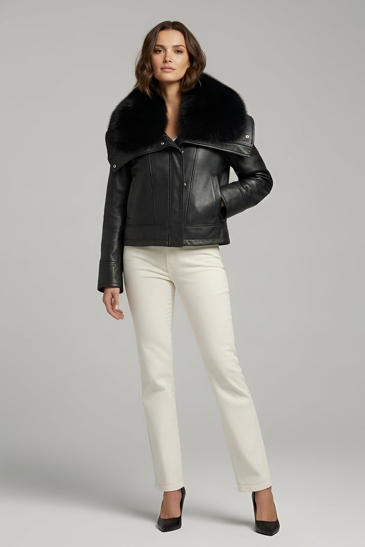 WAVERLY - Sheepskin Leather Jacket, Black Fur Collar, Front View