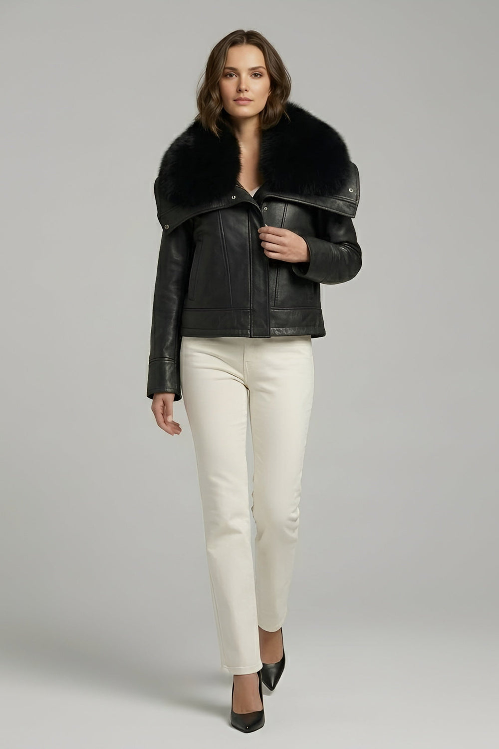 WAVERLY - Sheepskin Leather Jacket, Black Fur Collar, Full Shot
