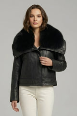 WAVERLY - Sheepskin Leather Jacket with Fox Fur Collar Black Edition